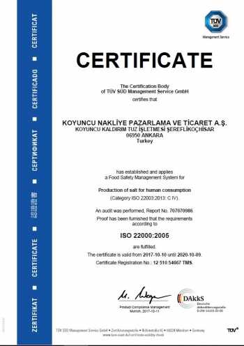 ISO 22000-2005 Sertifikası - Koyuncu Tuz