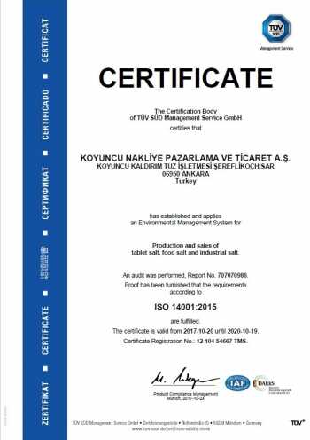 ISO 14001:2015 Sertifikası - Koyuncu Tuz