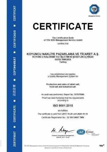 ISO 9001:2015 Sertifikası - Koyuncu Tuz